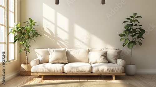 A warm and inviting corner of a living room with a cozy beige sofa bathed in natural sunlight beside a window with indoor plants