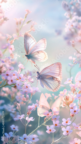 Butterflies around soft pastel flowers