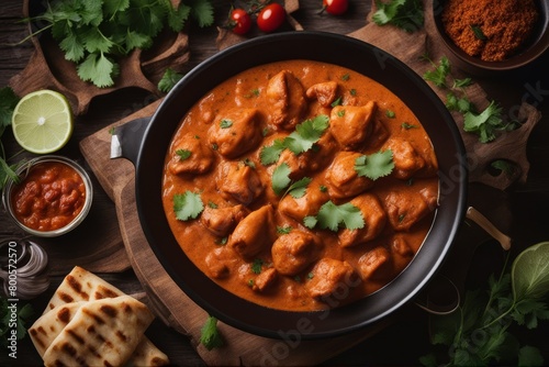 'chicken tikka masala traditional sh indian cuisine top view meat poultry turkey fillet breast slice cut cooked prepared tomatoes sauce cream savoury spicey curry cilantro cinnamon stew braised fried'