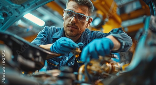 Car mechanic working under the car, performing an oil change and looking at its various parts while holding his hand on top of it. The man is wearing glasses in blue work gloves and stands next to him