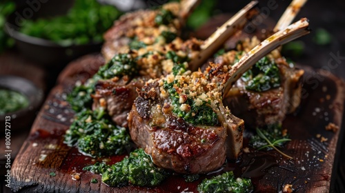 Savor the sight of a juicy, herb-crusted rack of lamb served on a rustic wooden board with garnish photo