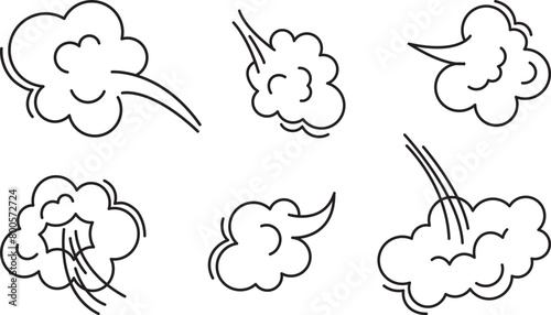 Fart cloud line icon, smoke poof doodle whoosh, motion comic breath, air bubble, steam puff, dust or flatulence, cartoon smell pop, cute gas set outline design. Aroma vector illustration © Sylfida