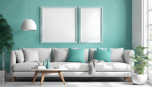 3 vary sizes Frame mockup  ISO A paper size. torquise Living room wall poster mockup. Interior mockup with house background. Modern interior design. 3D render  photo  3d render  