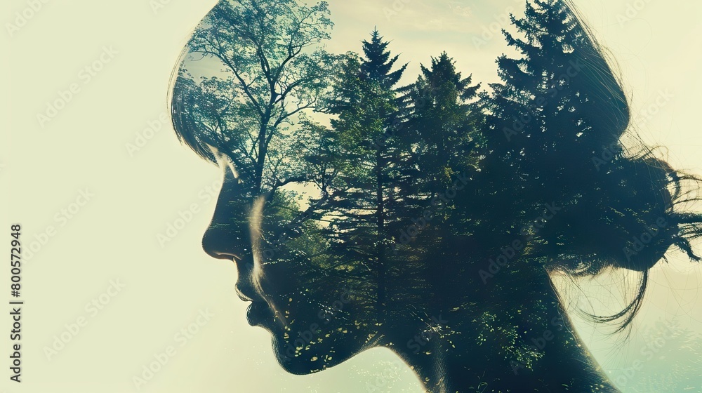 Double exposure of person and Digital Illustration 3d Rendered forest. AI generated illustration