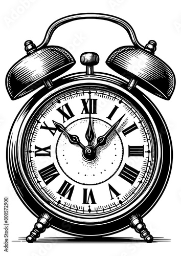 vintage alarm clock with visible hands and hour marks representing concept of time in a classic style sketch engraving generative ai PNG illustration. Scratch board imitation. Black and white image