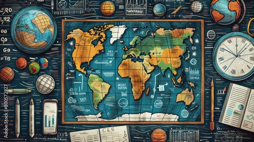 A world map with globes, clocks, and other objects.