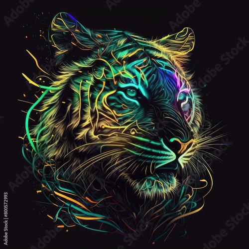 a closeup abstract tiger with intricate details and neon-colored patterns  an abstract neon design of a glowing  set against a dark  abstract background