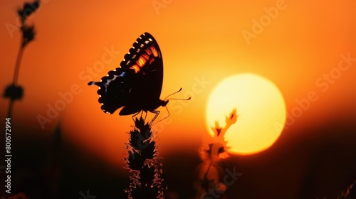 A stunning sunset silhouette of a solitary butterfly against an orange-hued sky, a symbol of fleeting beauty and grace.