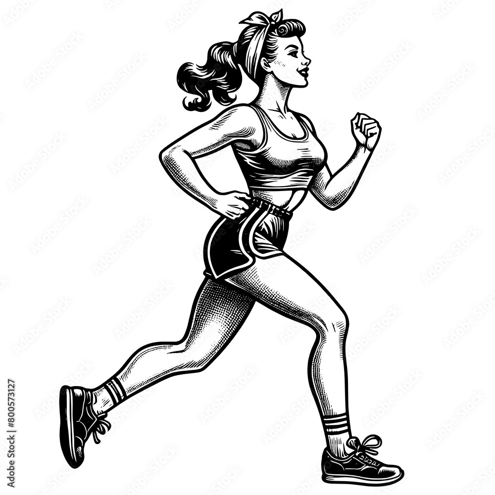 woman in motion, jogging with determination in classic athletic wear sketch engraving generative ai fictional character PNG illustration. Scratch board imitation. Black and white image. woman in motion, jogging with determination in classic athletic wear sketch engraving generative ai fictional character PNG illustration. Scratch board imitation. Black and white image.