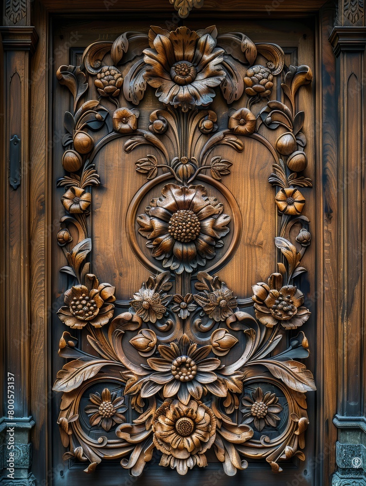 A close up of a wooden door_with carvings on it intr
