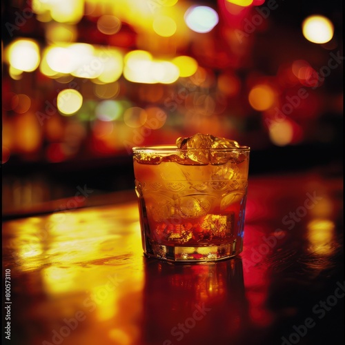 A classic whiskey on the rocks served in a short glass captured in a cozy, warm-lit bar ambience