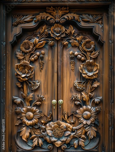A close up of a wooden door_with carvings on it intr