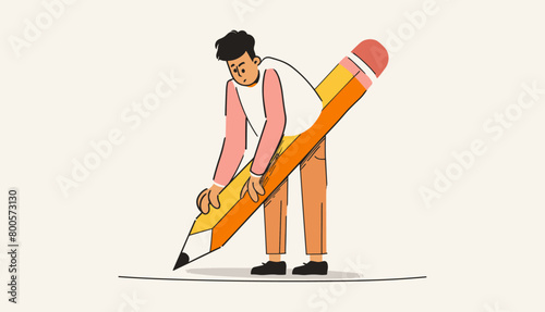 Cute funny isolated character. Cartoon style. Hand drawn Vector illustration. Man with a large Pencil. Young person holding big pencil. Drawing, writing, creating, design, blogging concept. Art.