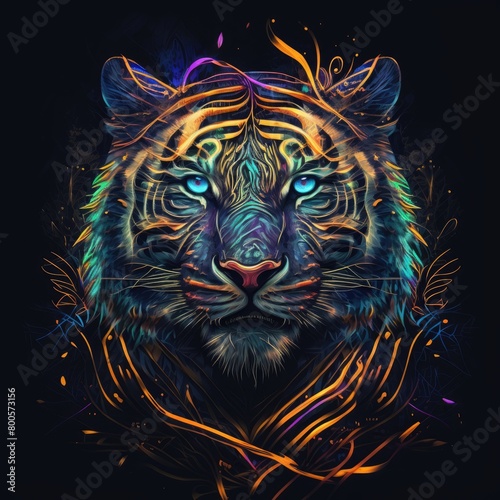 a creative abstract tiger with intricate details and neon-colored patterns  an abstract neon design of a glowing  set against a dark  abstract background