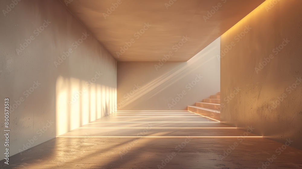 An empty room with a staircase and sunlight shining through the window.