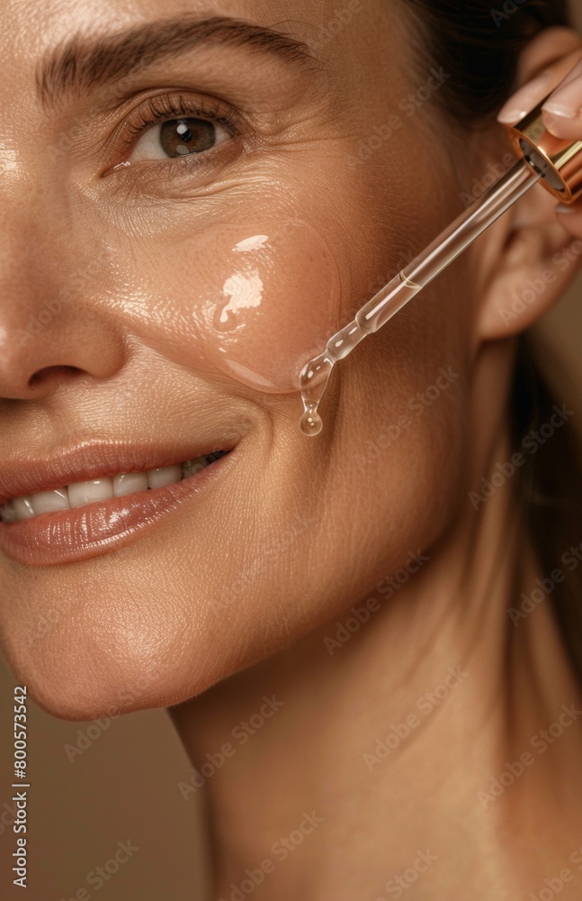 Obraz premium Close up of a woman with one glass dropper in front of her cheek. The liquid is coming out from the dropper and forms an outline shape on her face.