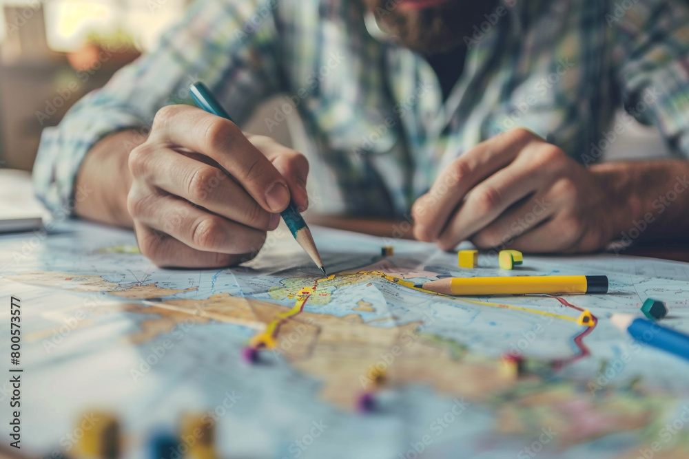 A leader drawing a different path on a map, highlighting the innovation and strategic thinking in leadership A leader drawing a different path on a map, highlighting the innovation and strategic thinking in leadership