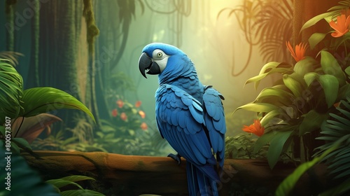 illustration of blue parrot sitting in thick forest with green tropical plants.