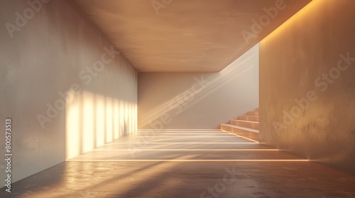 An empty room with a staircase and sunlight shining through the window.