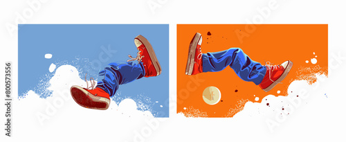 Hand drawn vector illustration of cartoon characters falling down from the sky, viewed from the bottom with giant shoes, in a flat style depicting bad luck, misfortune, and failure concept, isolated photo