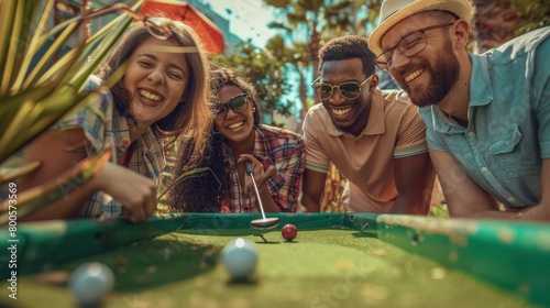 Group of smiling friends enjoying together playing mini golf in the city. photo