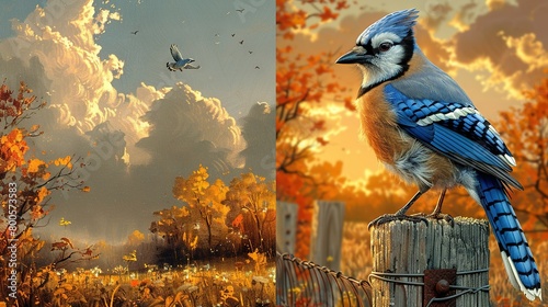  A painting of a blue jay perched on a fence post and a bird sitting on a fence post