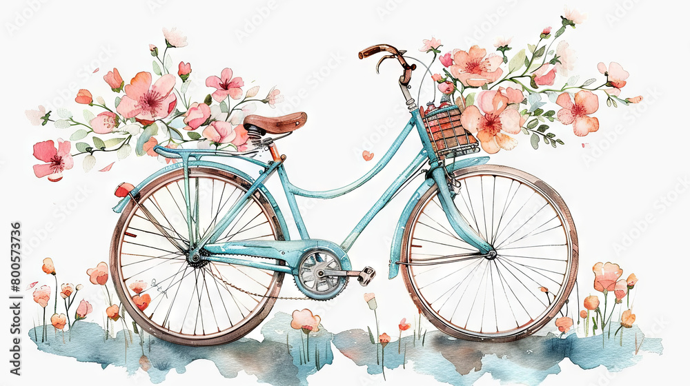 Watercolor illustration of blue bike with summer flower in the basket