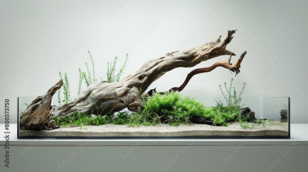image of an aquarium where simplicity reigns, with a single, striking piece of driftwood and a carpet of low, green plants