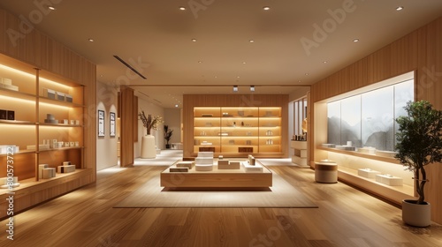An image of a modern retail store with wooden shelves  a wooden floor  and a large glass window.