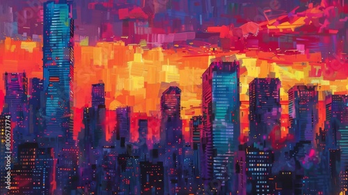 A symphony of colors as the sun sets behind a cluster of skyscrapers, casting a warm glow over the city skyline and urban landscape. photo