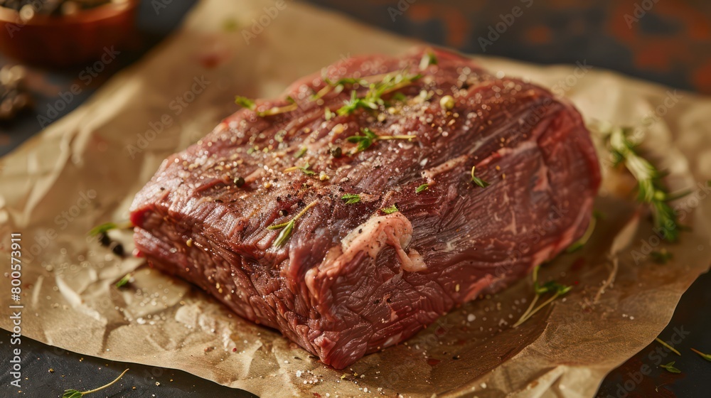 A raw, seasoned beef steak sprinkled with herbs and spices is prepared to be cooked, displaying freshness and quality