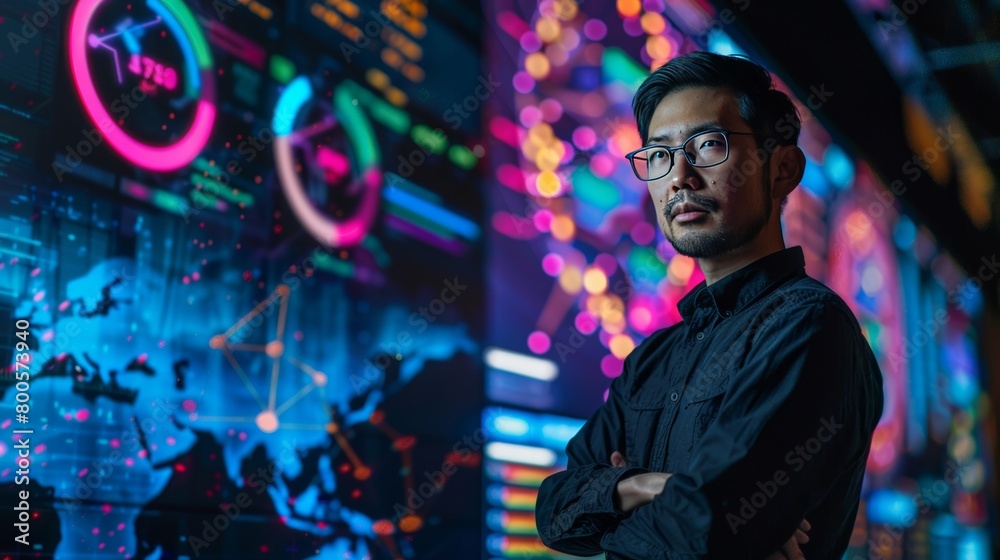 A visionary tech entrepreneur stands confidently in front of an AI-driven data visualization wall, showcasing real-time analytics and machine learning models. This portrait captures the intersection