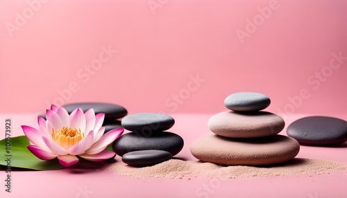 Zen stones, velvet sand and lotus flower on pink background witn copy space, wellness and harmony, massage and bodycare, spa and wellness concept