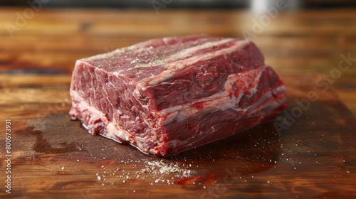 A high-quality image capturing a single raw beef steak with grains of salt on a rustic wooden cutting board Perfect for culinary concepts photo