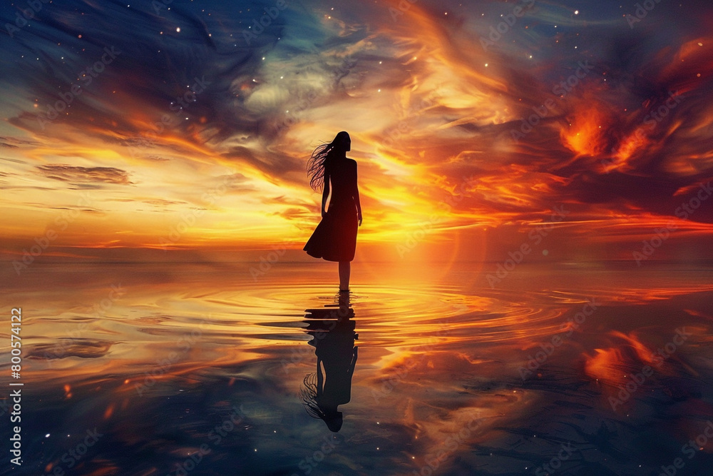 A lone womans silhouette against the backdrop of a dramatic sunset, reflecting on the waters surface, in a pose of serenity A lone womans silhouette against the backdrop of a dramatic sunset, reflecting on the waters surface, in a pose of serenity