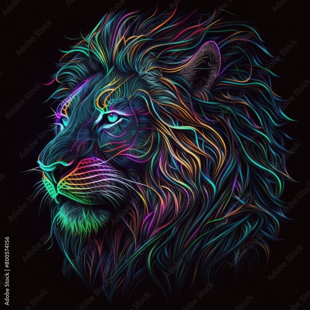a closeup abstract lion with intricate details and neon-colored patterns, set against a dark, abstract background