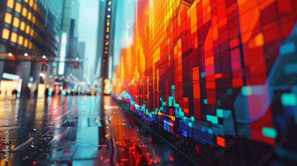 City street with glowing futuristic stock market graph
