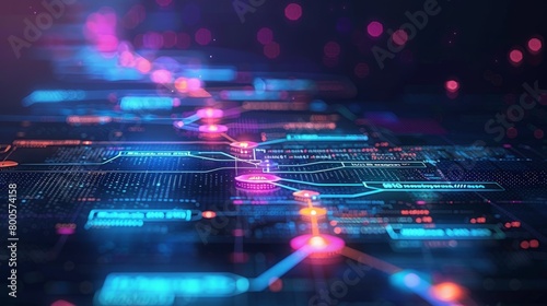 Circuit board with glowing nodes and connections