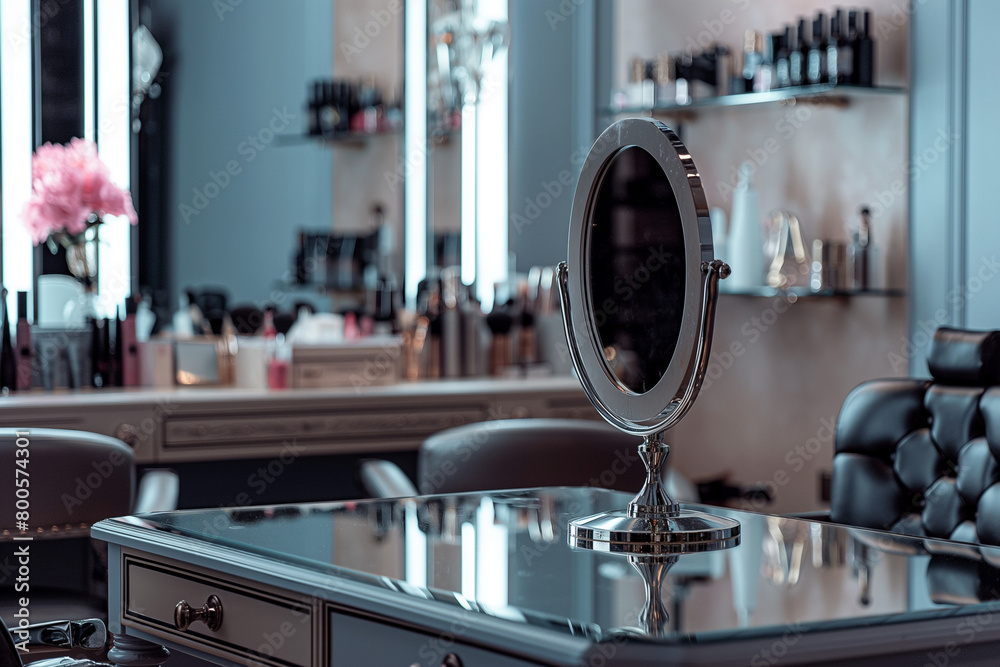 interior of a room, Immerse yourself in the chic ambiance of a makeup artist's workstation, featuring a modern dressing room with a mirror table