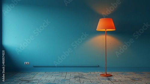 a floor lamp in a room with a blue wall