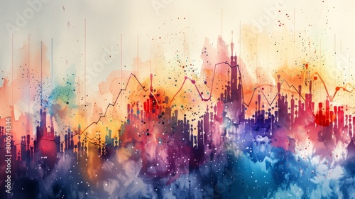 Colorful watercolor painting of a city skyline with a focus on the vibrant colors and energy of the city. photo