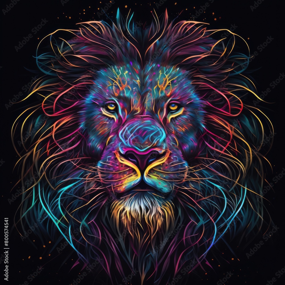 a creative abstract lion with intricate details and neon-colored patterns, set against a dark, abstract background