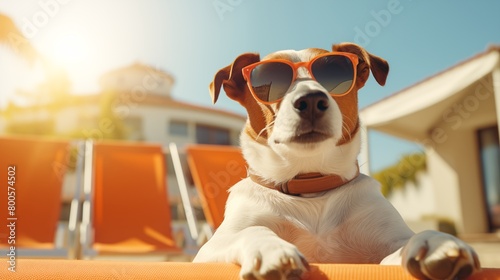 jack russell terrier dog with sunglasses sunbathing on sun lounger. © hamad