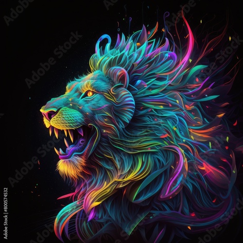 an illustration abstract lion with intricate details and neon-colored patterns, set against a dark, abstract background