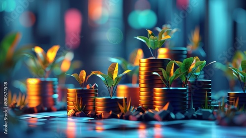 Growing money concept. Coins with growing plants on them. photo
