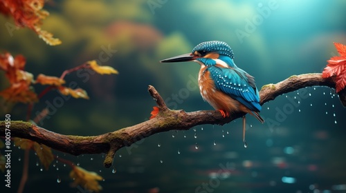 Kingfisher perching on branch in a wild. photo
