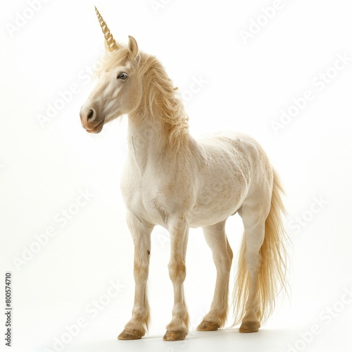 a white unicorn with a horn standing on a white surface