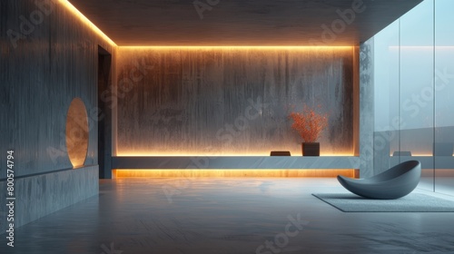 liminal space, concrete walls, indirect lighting, single orange plant, gray floor, curved gray bench