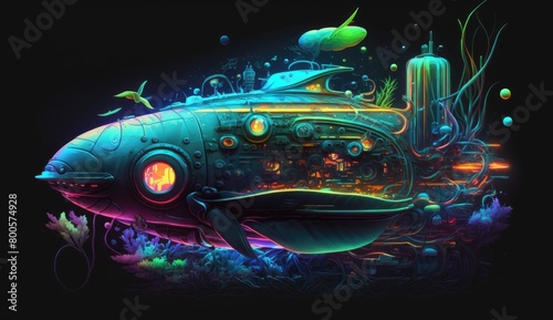 An illustration abstract neon design of a glowing, futuristic submarine with neon-colored parts and intricate details, set against a dark, abstract background