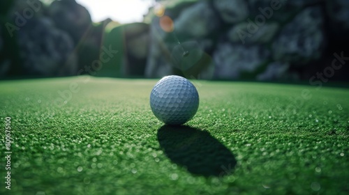 Mini golf ball on green headed towards hole